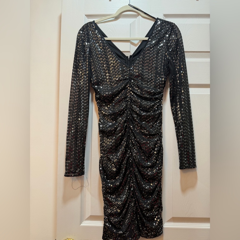 Guess Black and Silver Sequin Long Sleeve Dress